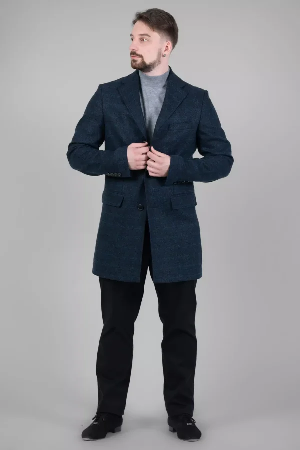 Пальто чоловіче синє в клітинку з вовни осінь-зима