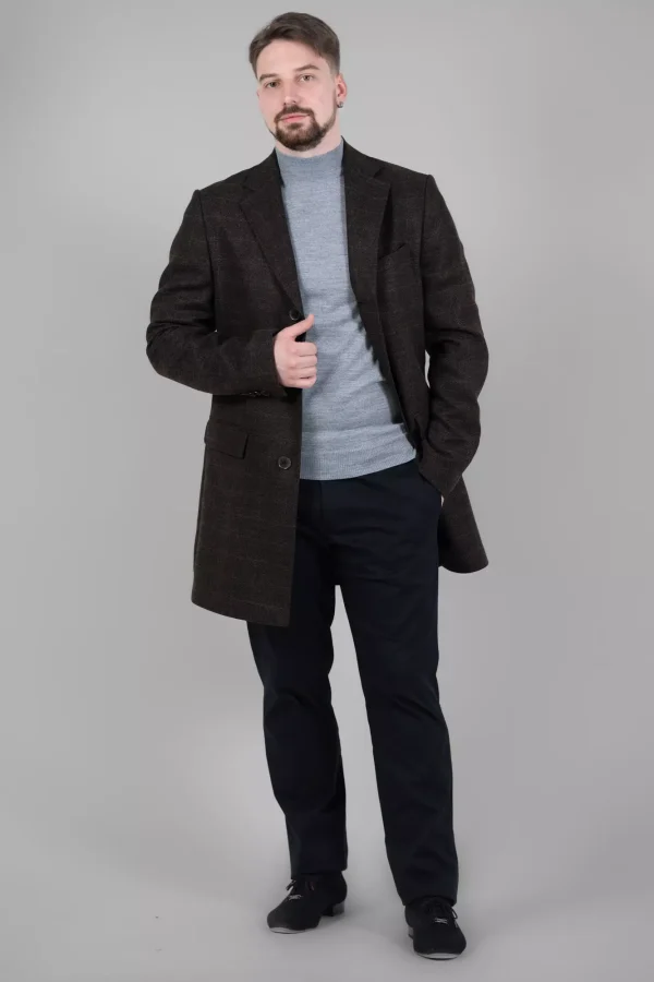 Пальто чоловіче коричневе в клітинку з вовни осінь-зима