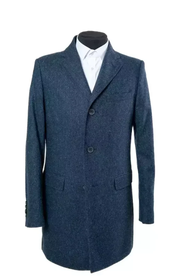 Пальто чоловіче синє в клітинку з вовни осінь-зима