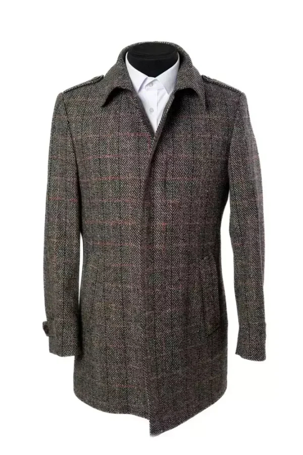 Пальто чоловіче коричневе в клітинку з вовни осінь-зима