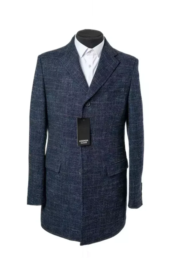 Пальто чоловіче синє в клітинку з вовни осінь-зима