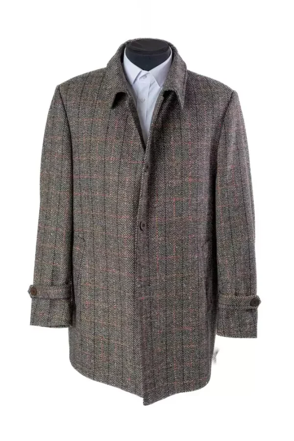 Пальто чоловіче коричневе в клітинку з вовни осінь-зима