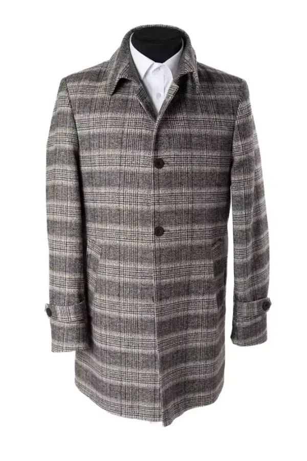Пальто чоловіче коричневе в клітинку з вовни осінь-зима